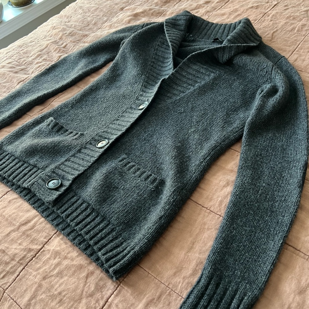 Theory elbow patch wool cashmere mohair cardigan sweater gray small librarian